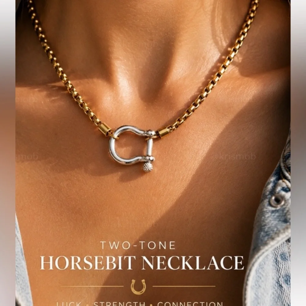 Two-Tone Horsebit Necklace 24k Gold Plated Silver Equestrian Carabiner Chain New